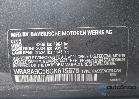 2016 BMW 320I z USA, uszkodzony, nr VIN WBA8A9C56GK615675